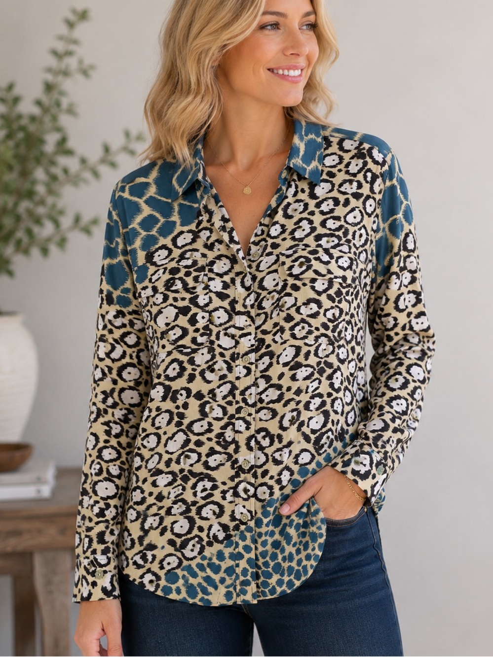 Equipment L Mixed Animal-Print Button-Down silk in Teal and Beige mob wife